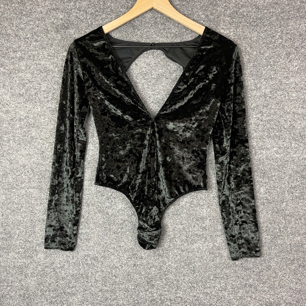 NEW Victoria's Secret Black Crushed‎ Velvet Bodysuit Long Sleeve V-Neck XS/S